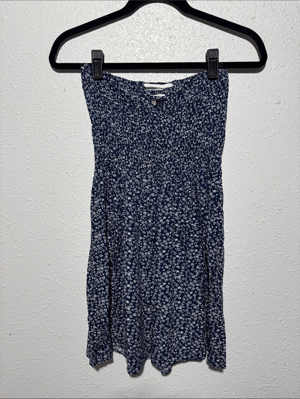 Shirred Navy Floral Print Strapless Dress